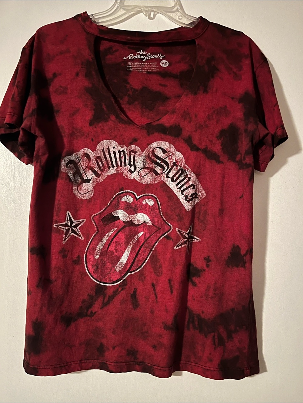 the Rolling Stones Red and Black Tie-Dye Graphic Cutout Deep V-Neck Tee